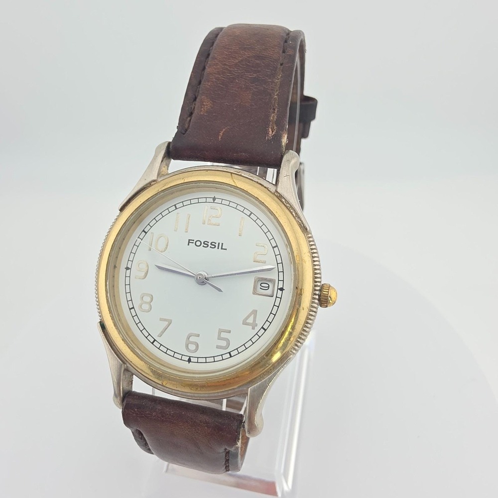 Vintage 1990s FOSSIL Nordstrom Watch ND-3315 Brown Leather Band Gold Plate 8.25"